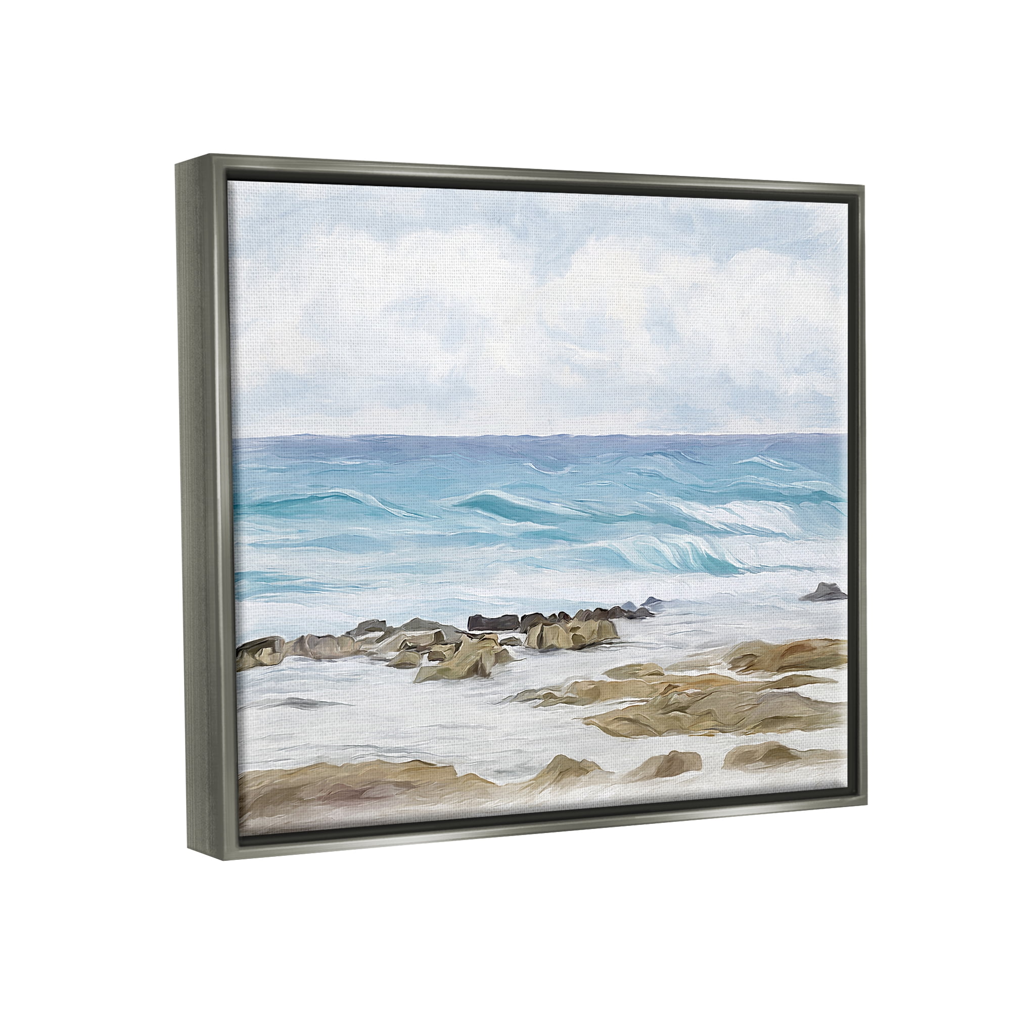Stupell Industries Rocky Shore Beach Waves Landscape Painting Gray Floater Framed Canvas Art Print Wall Art, 21 x 17