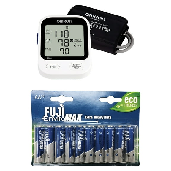 Omron 5 Series Digital Upper Arm Blood Pressure Monitor with D-Ring Cuff and EnviroMax AA Extra Heavy-Duty Batteries, 20 Pack, BP7255, 3300BP20