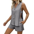thumbnail image 2 of Womens 2 Piece Outfits Solid Color Cotton Linen Loungewear Set Round Neck Sleeveless Tops And Shorts Sets Casual Lightweight Summer Tracksuit Lounge Shorts Suit Gray L, 2 of 7
