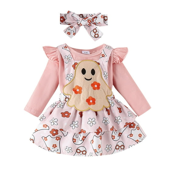 Kwasome Girl Outfits Halloween Long Sleeve Romper Bodysuits Cartoon Pumpkin Embroider Suspenders Skirts Outfits Comfy Girl Clothes Pink 12-18 Months