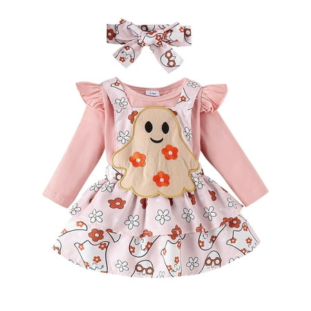 

YTIANH Girls Long Sleeve Romper Bodysuits Cartoon Pumpkin Embroider Suspenders Skirts Outfits Pink 12-18 Months