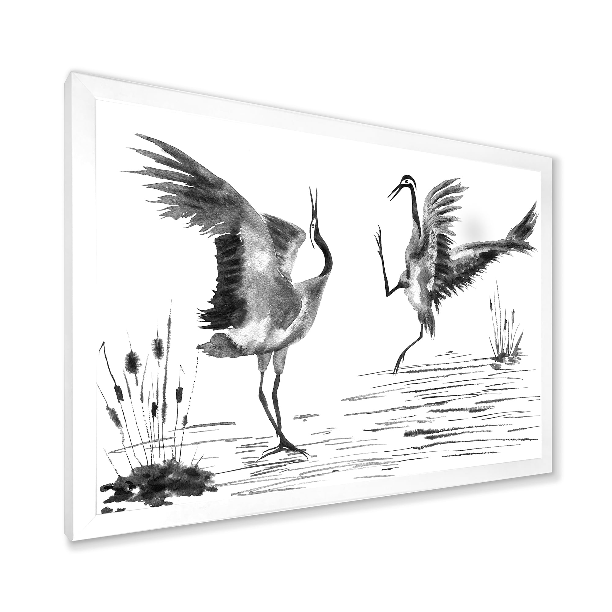 Designart 'Monochrome Two Enamored Japanese Cranes Birds' Traditional Framed Art Print
