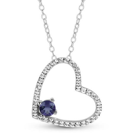 Amethyst and Created White Sapphire Sterling Silver Heart Necklace, 18
