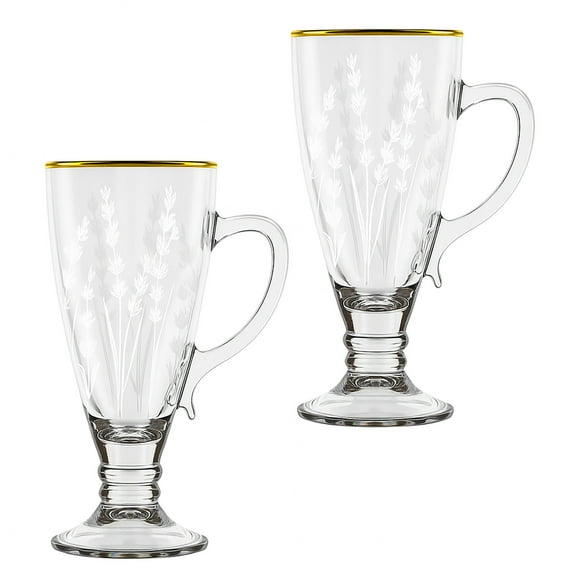 STP GOODS Lavender Glass Footed Irish Coffee Mug Set of 2 pcs 8.45 fl oz (250 ml) Floral Irish Coffee Glasses with Golden Rim Latte Mugs with Stem for Tea Hot Chocolate, Clear