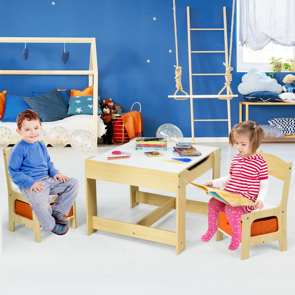 Costway Kids Table Chairs Set With Storage Boxes Blackboard