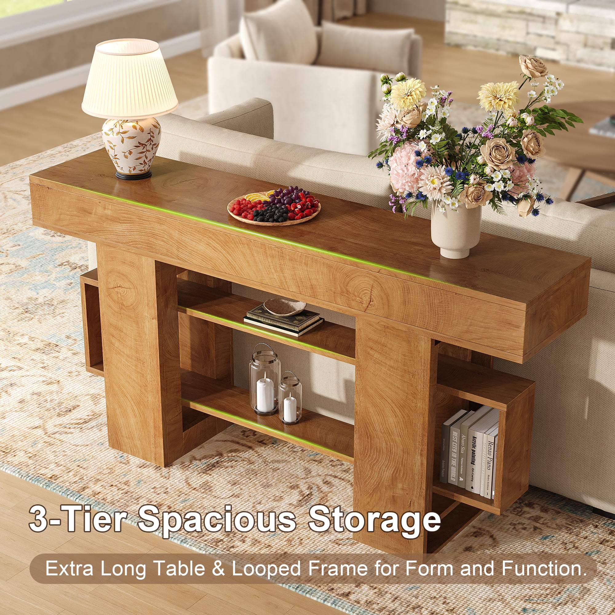 Frmobepts Console Table, Farmhouse 63" Long Narrow Entryway & Sofa Tables for Hallway, Tall Accent Table Behind Couch for Foyer Living Room,Oak