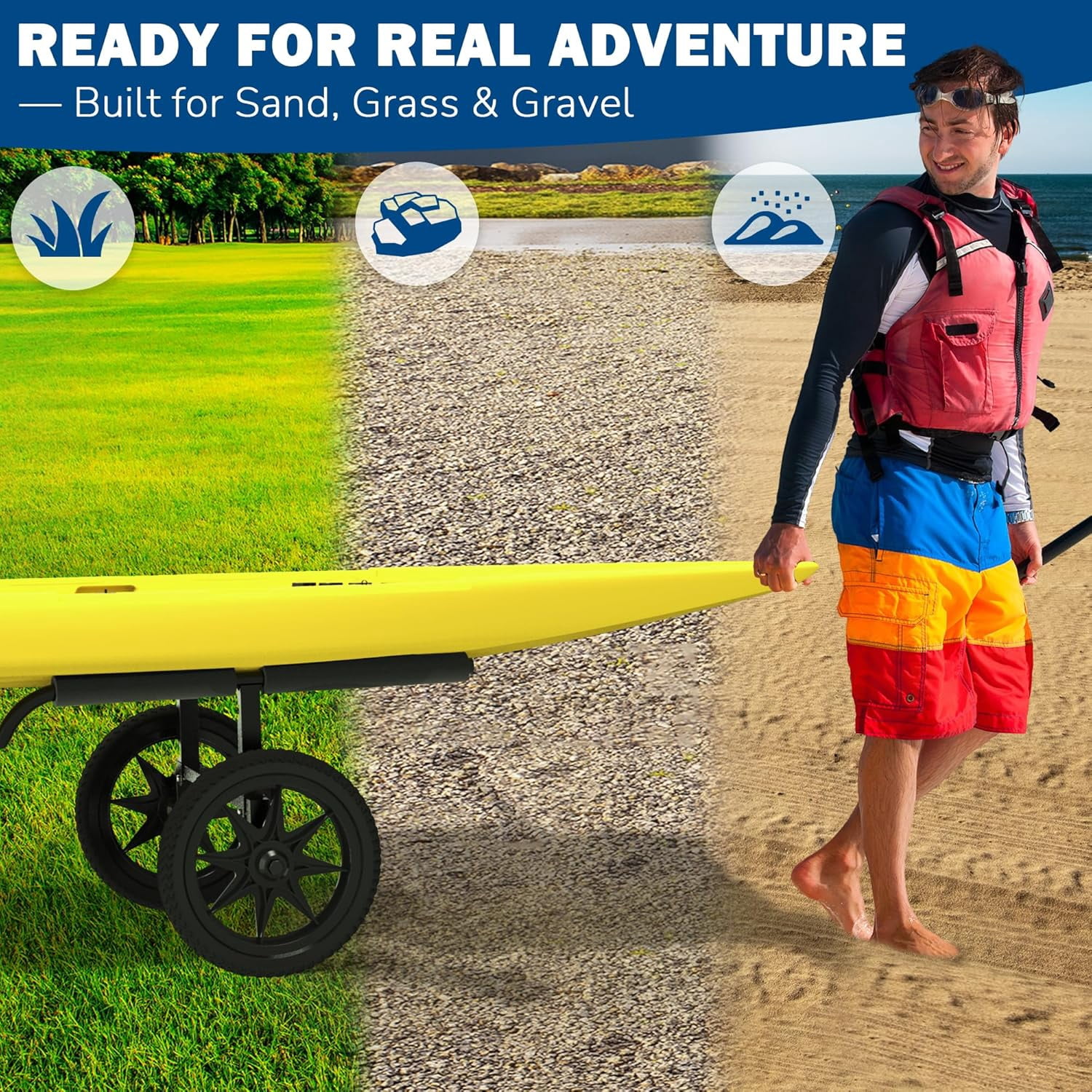 GanFindX Kayak Cart with Solid Foam Wheels, Detachable Canoe Trolley Carrier, Heavy Duty Kayak Dolly Transport with Upright Frame & Crossbar for All Terrain