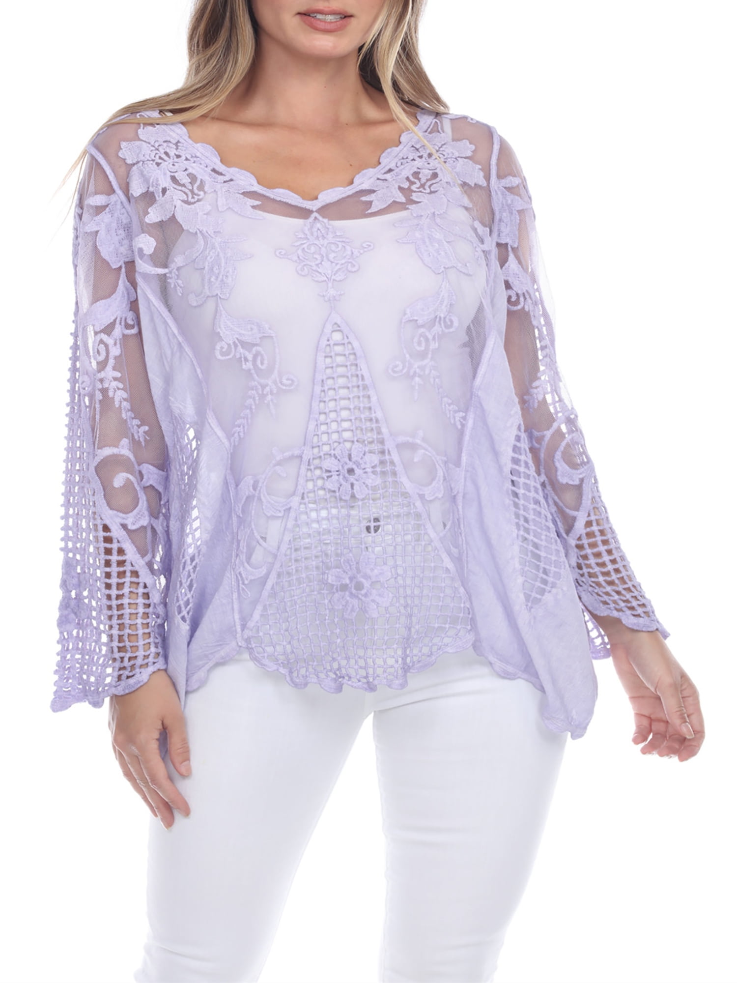 Simply Couture Sheer Long Sleeve Crochet Mesh Top, Women's