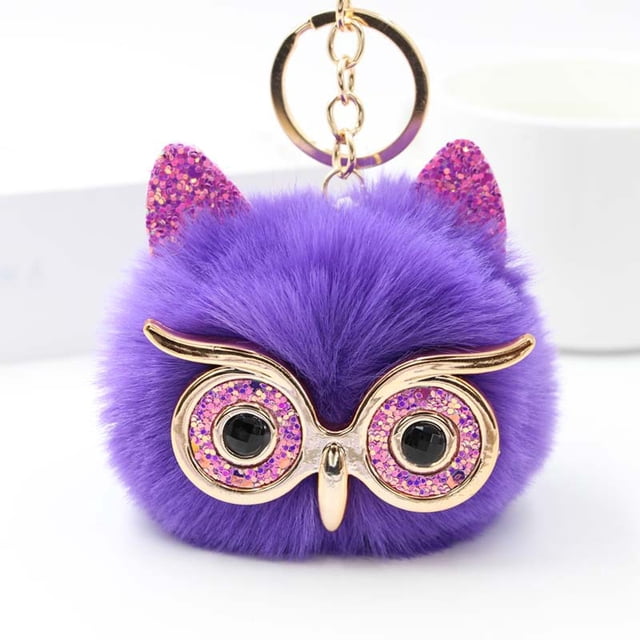 Llavero con pompón de búho, bonito y esponjoso llavero con pompón de piel sintética de animal para decoración de bolsos