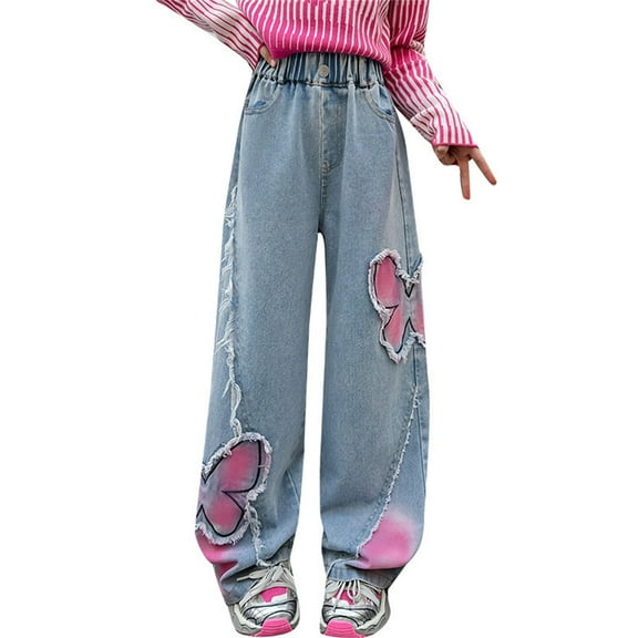 Coerni Girls Cute Butterfly Ripped Denim Pants Elastic High Waist Baggy Wide Leg Jeans Causal Fashion Denim Trousers 5-13 Years