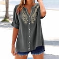 thumbnail image 3 of Xdegoge Casual Boho Women Short Sleeve Tunic Tops Cotton Linen V Neck Button Down Embroidered Shirts Flowy Loose Fit Summer Blouse Vacation Work Everyday Wear, 3 of 7