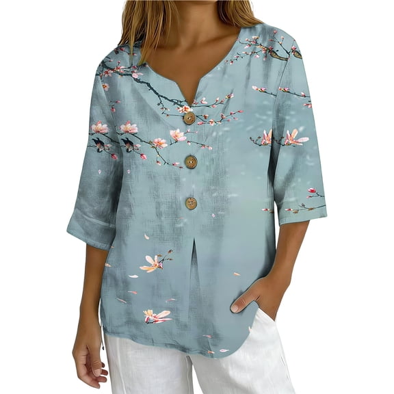 Daiosportswear Women'S Linen Flower Print V-Neck Button Top Slim Fit Shirt,3/4 Length Sleeve Womens Tops Multicolor-B XXL(XXL)