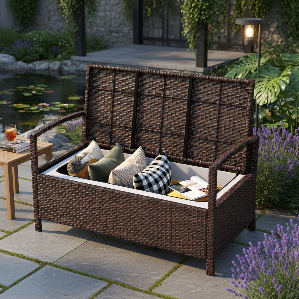 Hommoo Outdoor PE Wicker 2-Person Storage Bench with Beige Cushion, 42-Gallon Waterproof Deck Box for Patio, Garden & Poolside, Natural