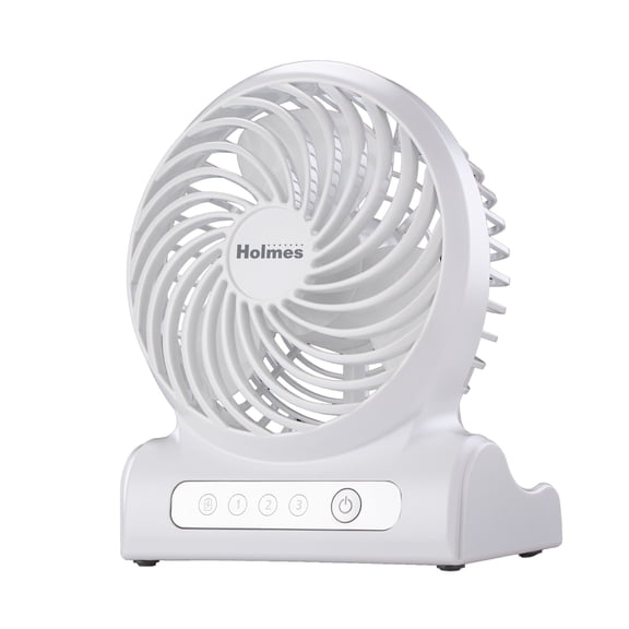 Holmes 4 Inch Rechargeable USB Desk Fan Portable Cordless 3 Speed Adjustable Tilt White
