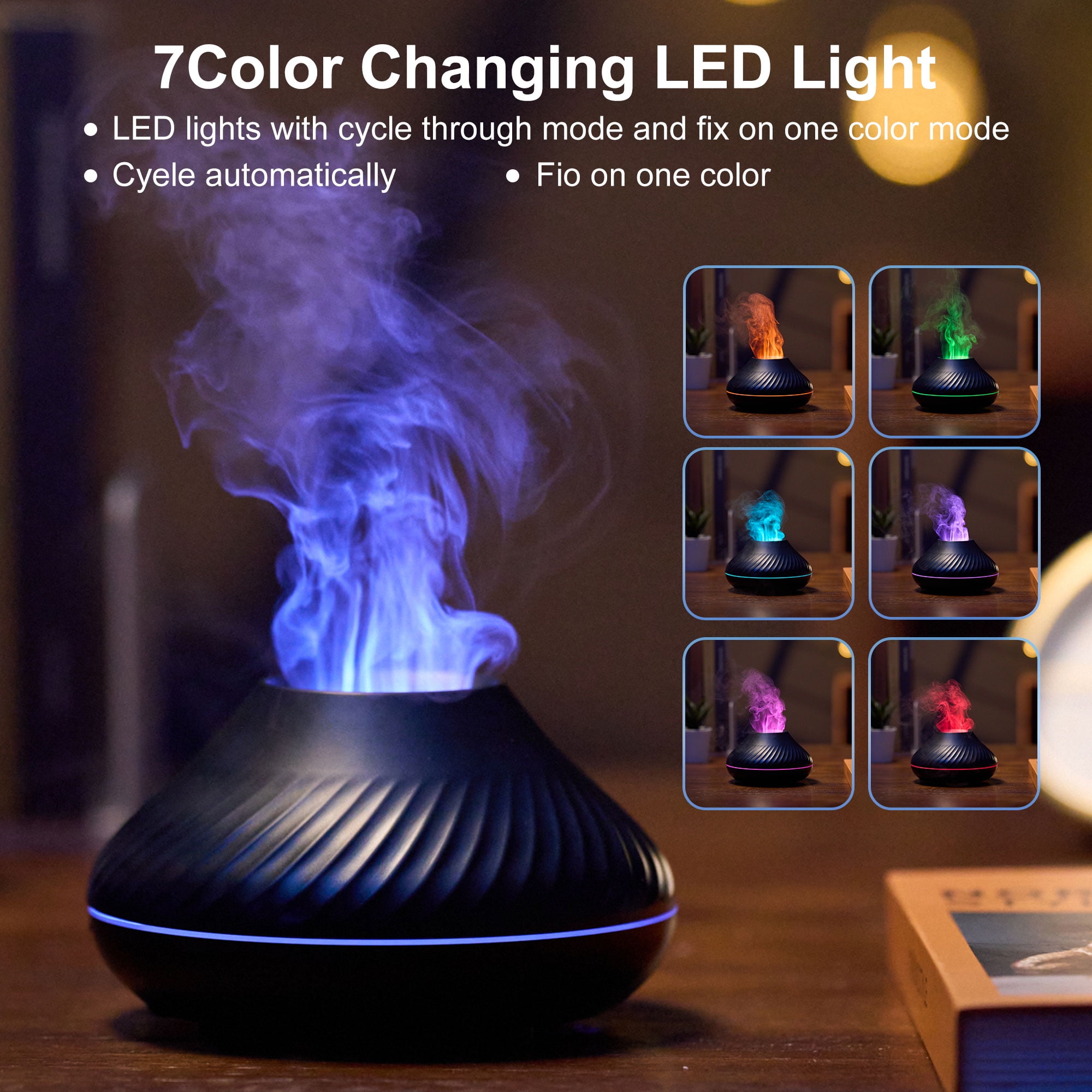 TEEMARS Flame Essential Oil Diffuser with 7 Lights, 130ML Aromatherapy Cool Mist Humidifier for Bedroom Home, Black - Walmart.com