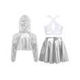 thumbnail image 4 of Hansber Kids Girls Hip Hop Dance Outfit Shiny Metallic Cropped Hoodie Sweatshirt Sports Bra and Skirt Set Silver White 12, 4 of 6