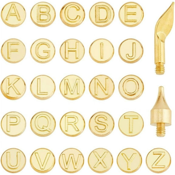 28Pcs Wood Burning Carving 26 Letters Carving Tool Golden Brass Soldering Iron Wood Burning Tips Embossing Burning Tips Mold Carving Set DIY for DIY Pyrography Letter Carving Crafts