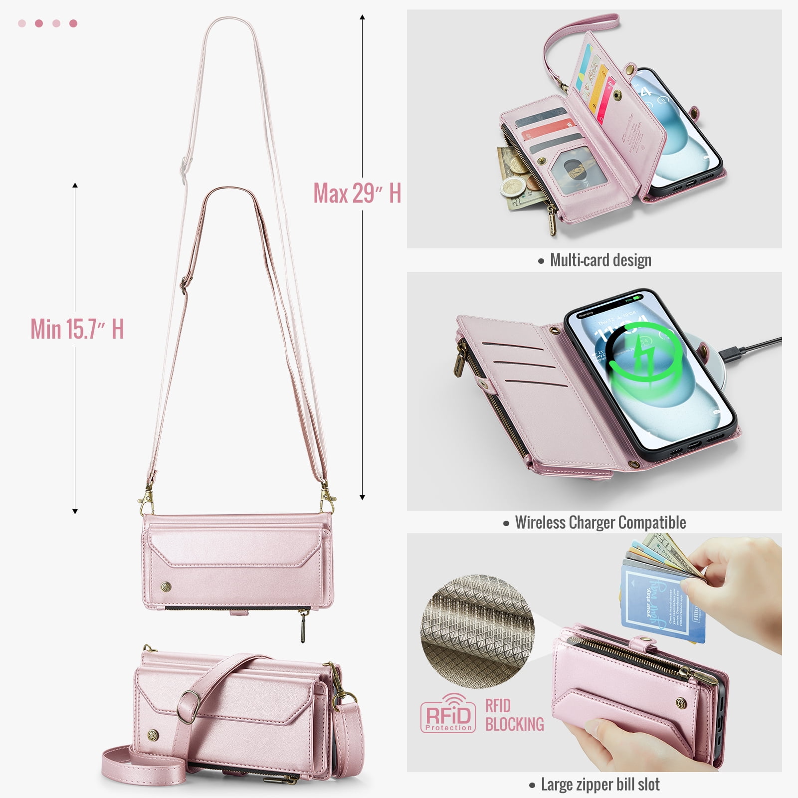 Crossbody for iPhone 13 Case Wallet【RFID Blocking】with 10-Card Holder Zipper Bills Slot, Soft PU Leather Magnetic Shoulder Wrist Strap for iPhone 13 Wallet Case Women, Pink