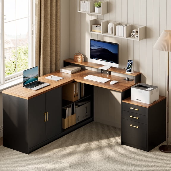 Pikvki 63" L-Shaped Executive Desk for Home Office – Drawers, Power Outlets, Storage Cabinet & Monitor Stand, Black   Walnut