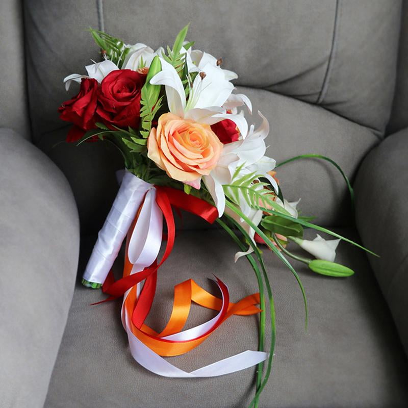 Zeiwohndc Artificial Lily Cascading Bridal Bouquet with Green Leaves Satin Ribbon Handle Water Drop Style Waterfalls Rose Wedding Holding Flower Party Photo Props