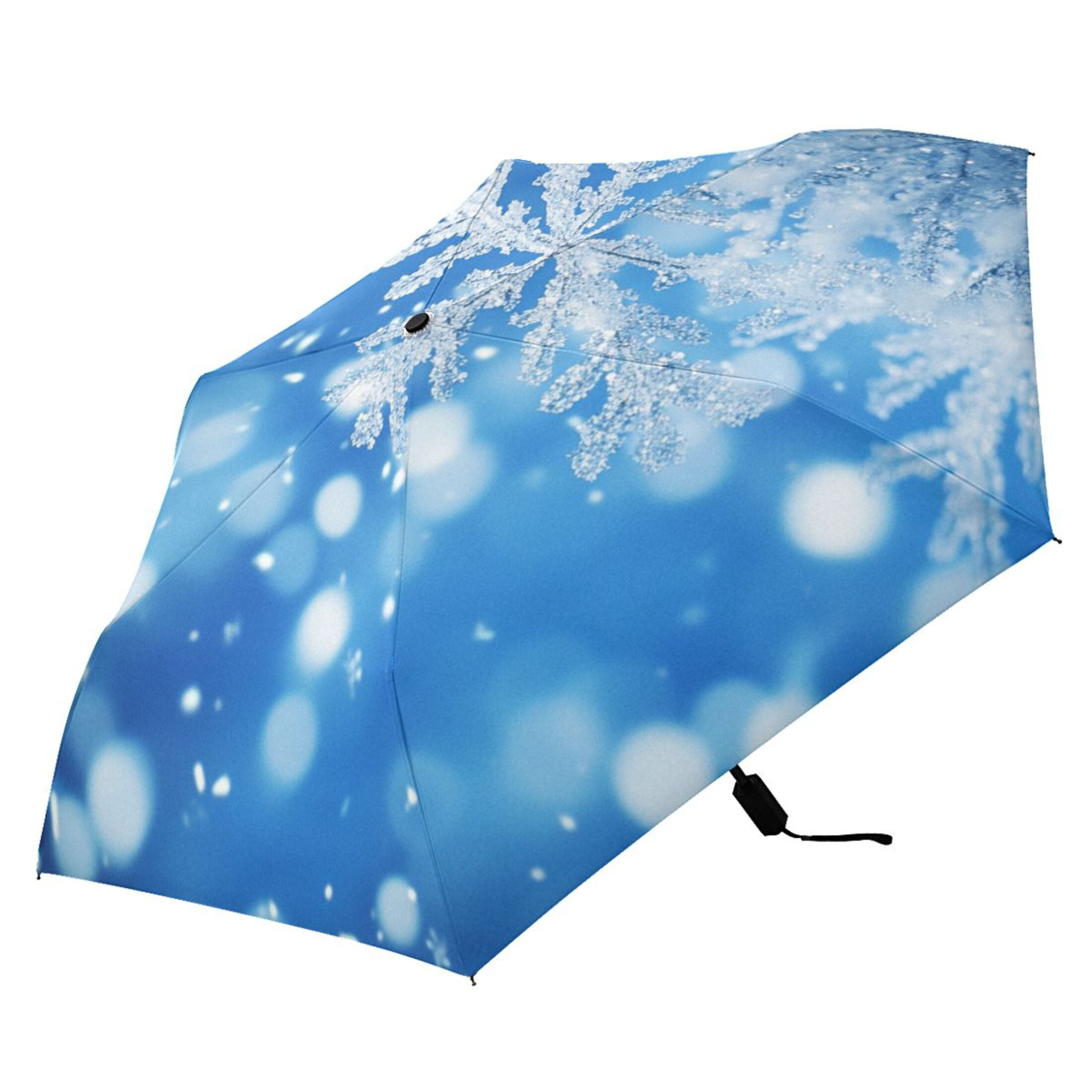 Blue Snowflakes All Weather Umbrella Triple Folding Parasol 6 Ribs UV Protection Portable