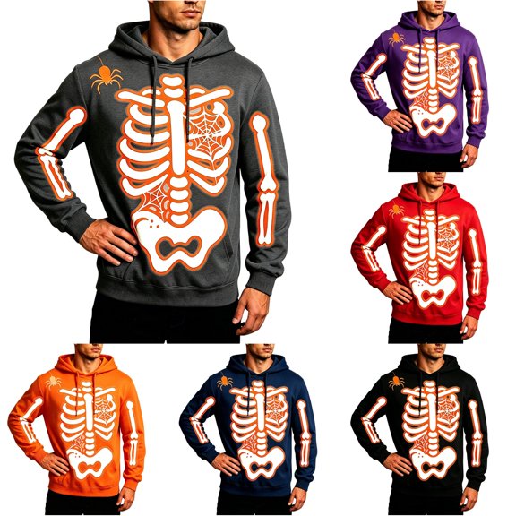 Afdoent Hoodies for Men Halloween Skeleton Print Hooded Sweatshirt Long Sleeve Pullover Casual Streetwear
