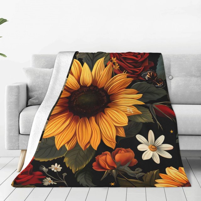 Balery Sunflower Floral Butterfly Manta de Felpa Suave y Acogedora – Cobija de Franela Aterciopelada para Cama, Lavable y Cálida para Sofá, Mascotas, Transpirable-40"x30"