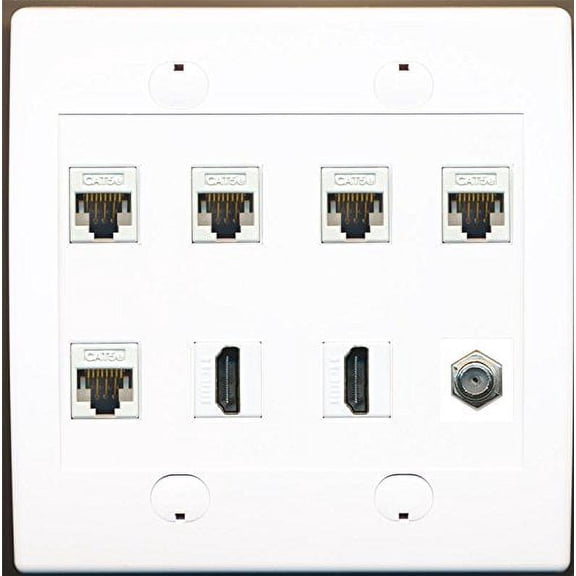 RiteAV 5 Ports Cat5e Ethernet 2 x HDMI and 1 Coax Cable TV Wall Plate White