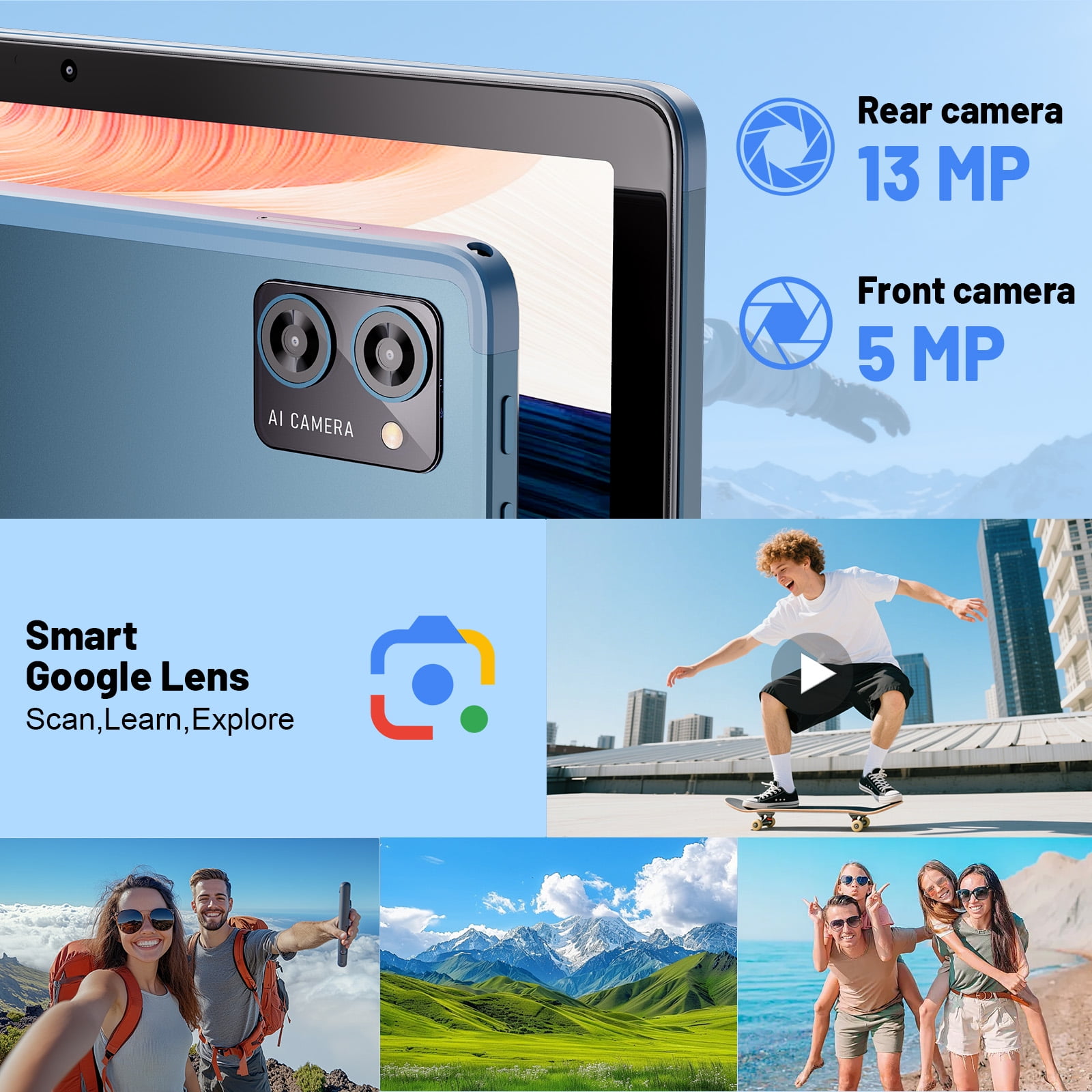 Tablet 10.1 Inch Android 15, 128GB ROM 16GB RAM 1TB Expand 1280x800 HD IPS Touch Screen Android Tablet 8000mAh 5G WiFi, Tablet with Keyboard, Case, Stylus, Dual Speakers, Blue