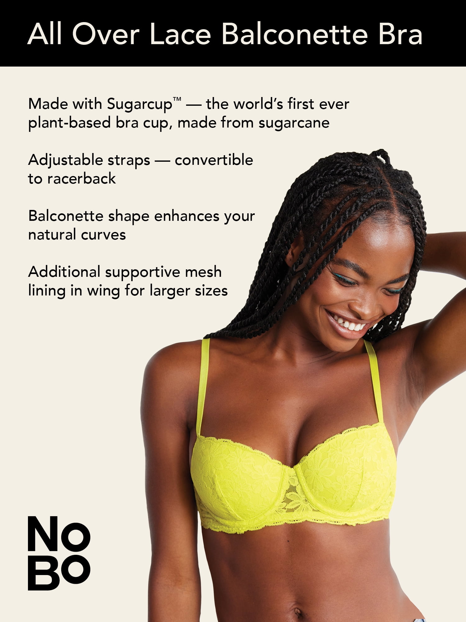 No Boundaries Women’s and Women’s Plus All-Over Lace Balconette Bra with Sugarcup™, Sizes 34B-40DD