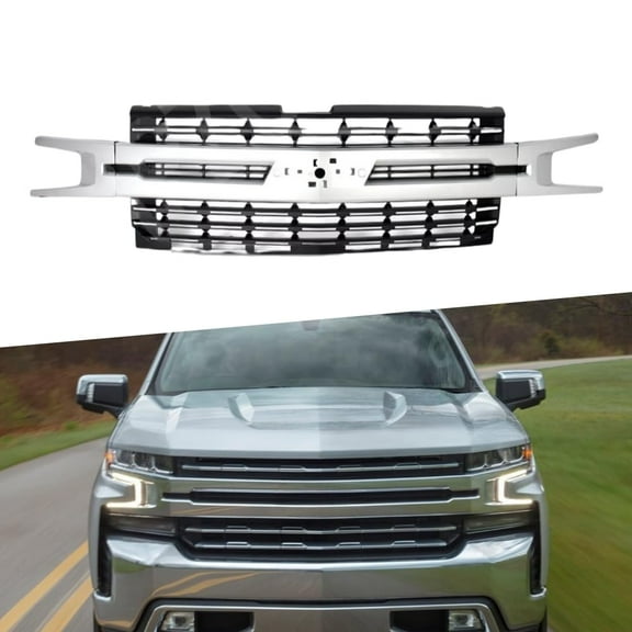 ONEPI Front Grill Fit For Chevy Silverado 1500 2019 2020 2021 Models, Silver Ice W/Black Insert