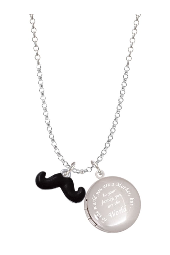 Silvertone Small Black Enamel Mustache To the World You are a Mother Locket Necklace