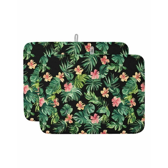 Tropical Print Dish Drying Mat, Black Floral Leaf Absorbent Dish Drying Matt Pad for Kitchen Countertops,Sinks,Dish Drainer Racks, Large 18x24inx2 Pcs,