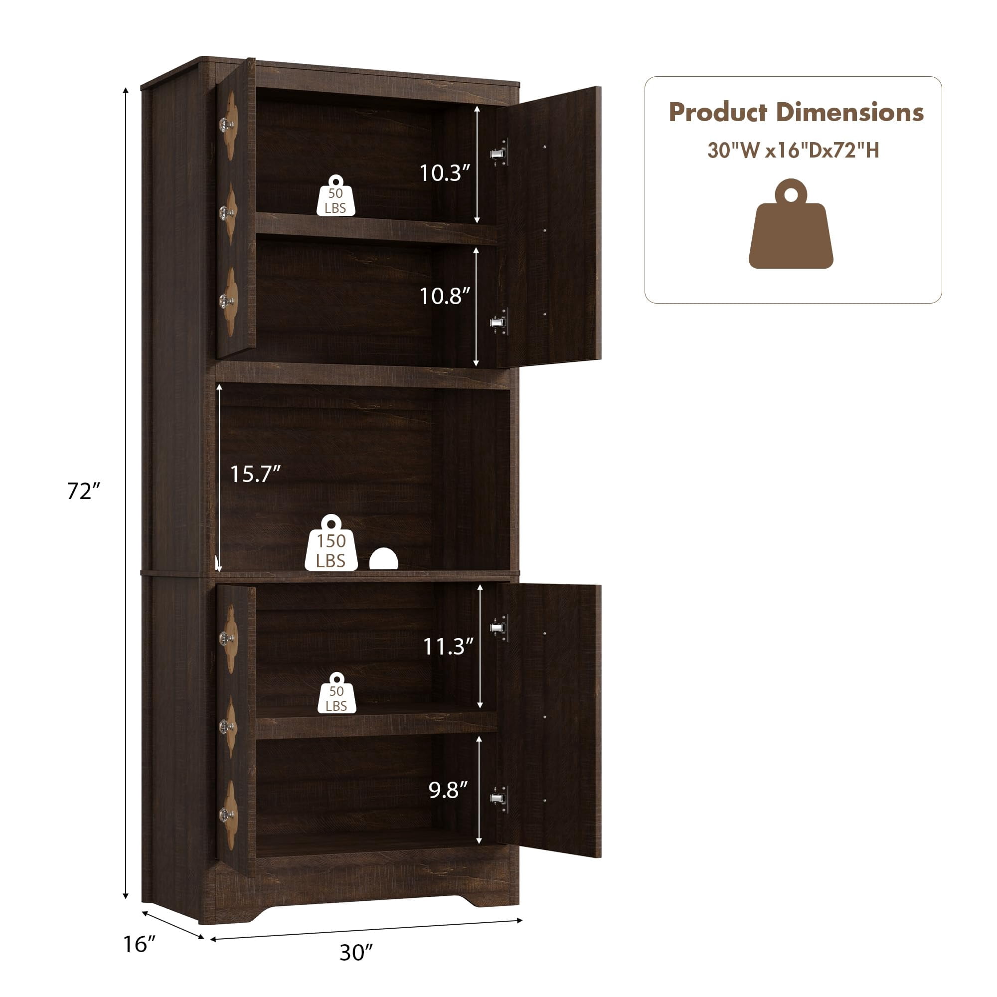 Kitchen Pantry Cabinet, 72" Tall Storage Cabinet with Countertop, Freestanding Wooden Hutch Cupboard with Carved Door & Crystal Handle, for Dining Room, Living Room