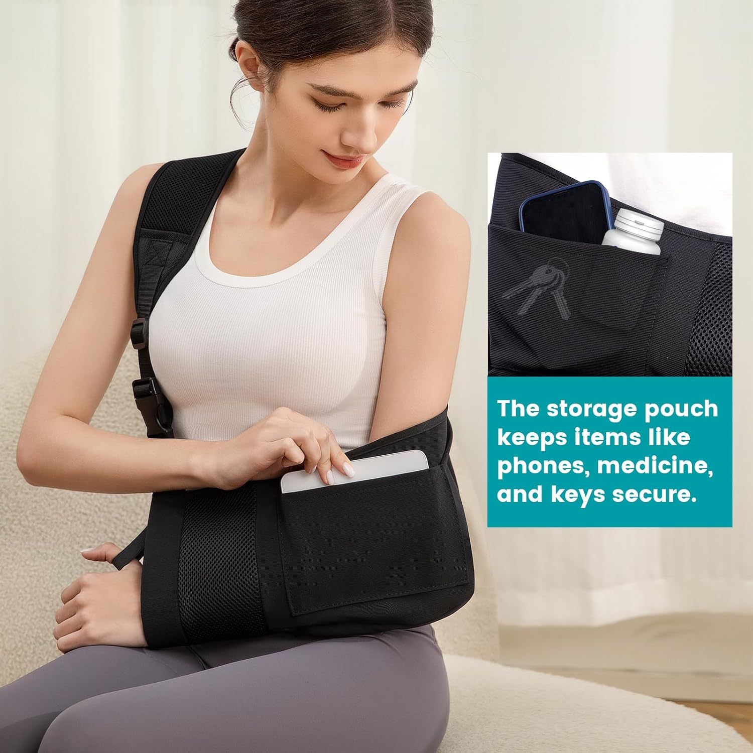 Hemvt Arm Sling for Shoulder Injury, Shoulder Immobilizer with Pocket, Adjustable Support Brace for Elbow Hand, Fits Left or Right Arm, Breathable Comfortable Black