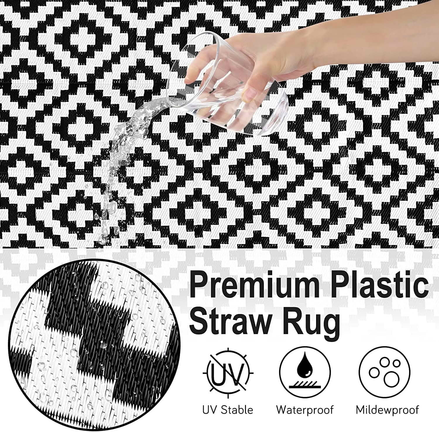 MAYEERTY 9x12 FT Plastic Straw Outdoor Patio Rug, Reversible Diamond Pattern Floor Mat Black and White, Waterproof UV Resistant Large RV Rug for Backyard Deck Beach Camping Picnic Trailer