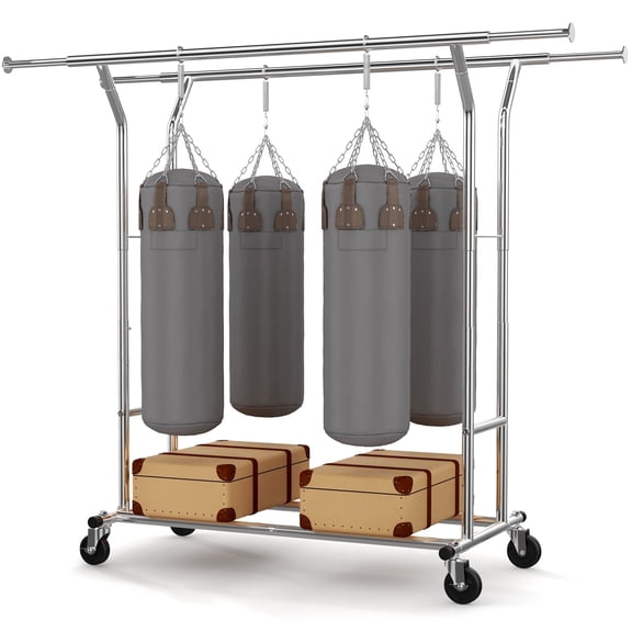 HOKEEPER 330 lbs Heavy Duty Clothing Garment Rack Rolling Commercial Grade Clothes Rack on Wheels Double Adjustable Collapsible, Chrome Finish
