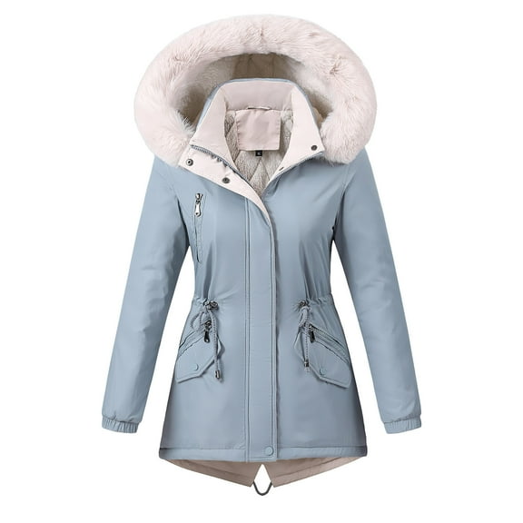 AOOCHASLIY Women Winter Coat Fashion Casual Women's Winter Solid Collar Hooded Drawstring Waist Zipper Padded Coat Blouse