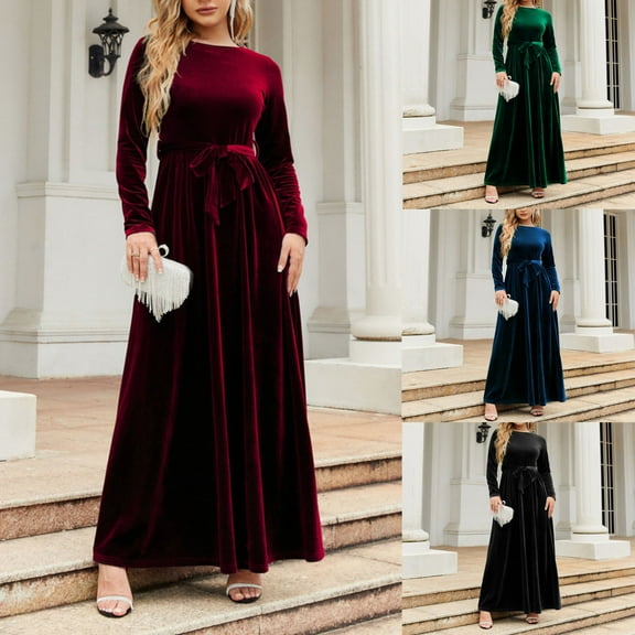 HAPIMO Women's Maxi Evening Velvet Dress Solid Color Round Neck Spring Elegant Casual Pleated High Waist Bandage Trendy Long Sleeve Black L