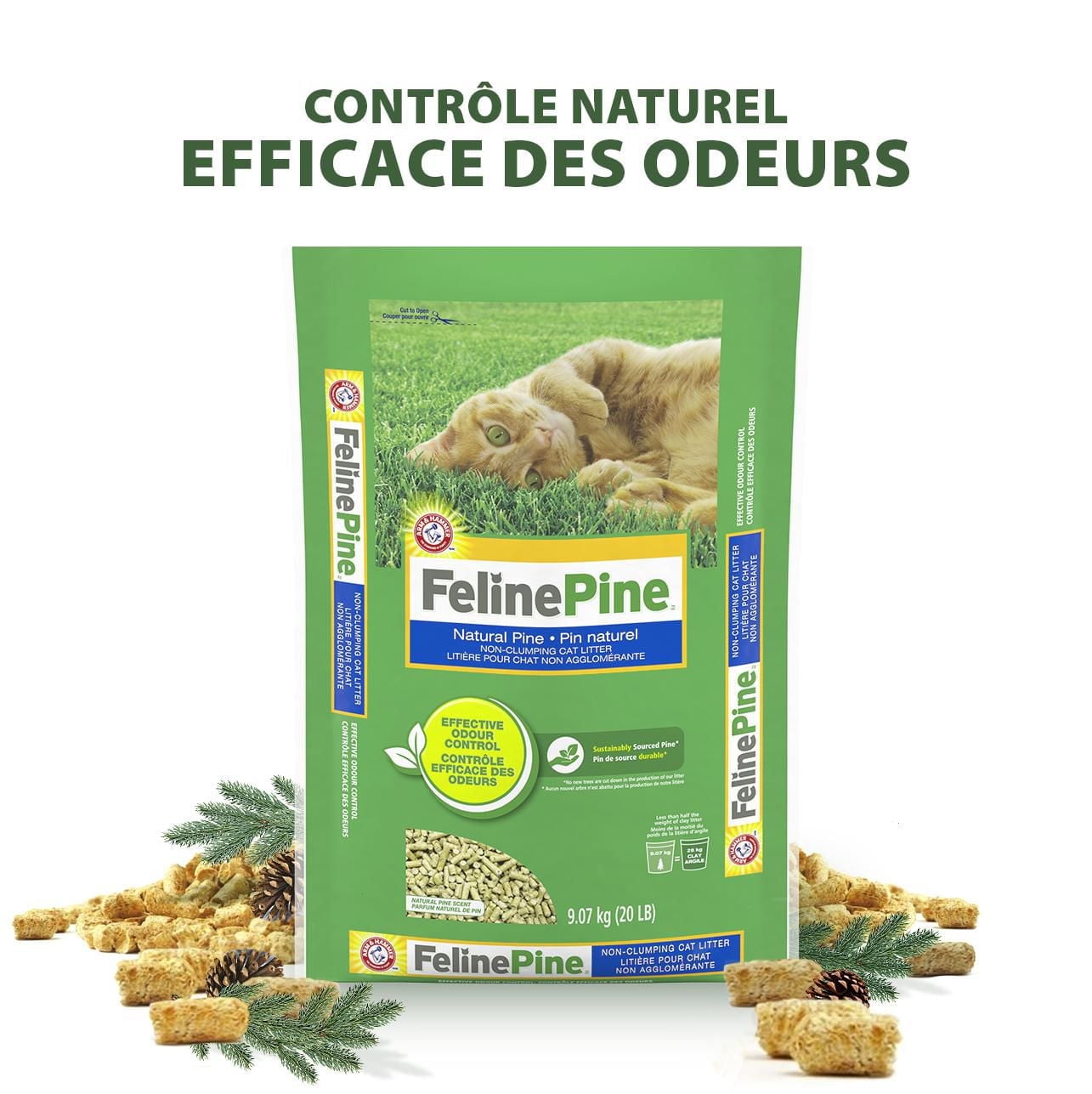 Litière pour chat naturelle non agglomérante Feline Pine Arm & Hammer, 9,07 KG, parfum naturel de pin, contrôle efficace des odeurs, sécuritaire pour les chatons Pin naturel