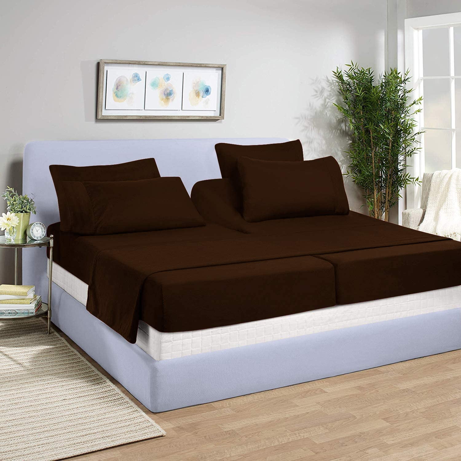 Deep Pocket 5PCs Split Bed Sheet Set 1000 TC 100%Cotton All Size Chocolate Solid 