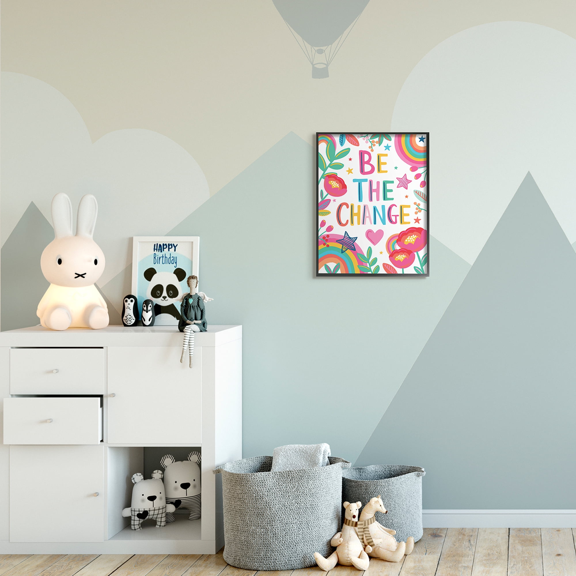 Be The Change Phrase Rainbow Stars and Flowers 16 in x 20 in Framed Painting Art Prints, by Stupell Home Décor