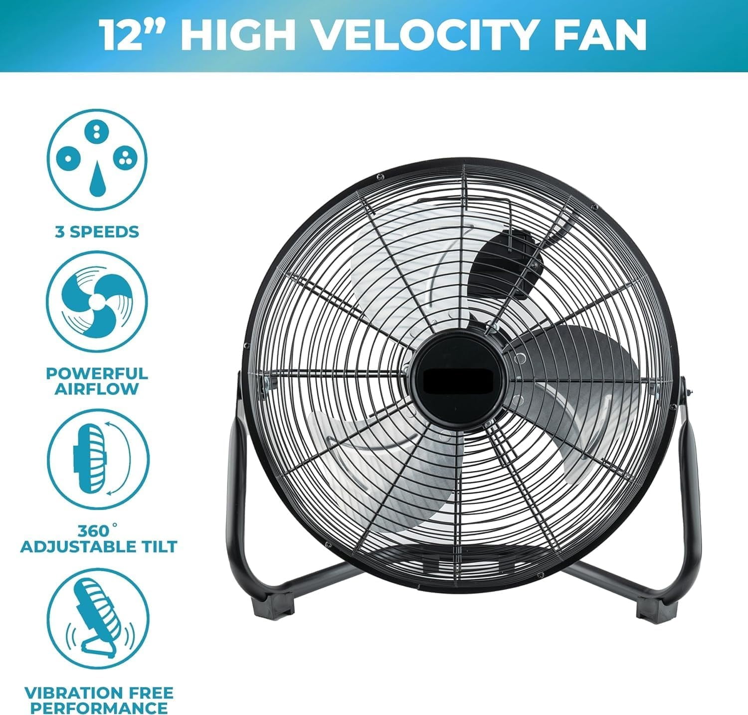 EZ-Chill 12" 3-Speed Cradle Fan with 180 Degree Adjustable Tilt 3 Speed, All-Metal, Carry Handle, Rubber Feet, Black