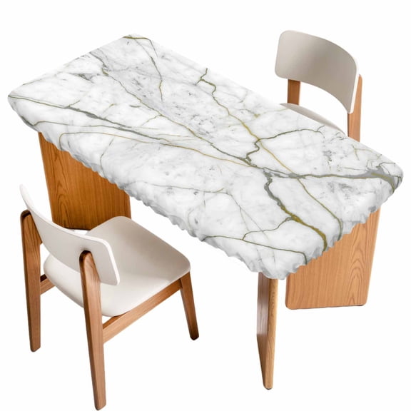 White Marble Table Cloths for 6 Foot Rectangle Tables, Modern Abstract Art Ink Painting Patio Waterproof Elastic Fitted Tablecloths, Washable Rectangular Table Cover for Camping