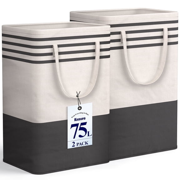 Kitsure Laundry Hamper, Collapsible Laundry Baskets, CLothes Hamper with Handles, 2-Pack, 15.7" x 11.3" x 24.0", Black