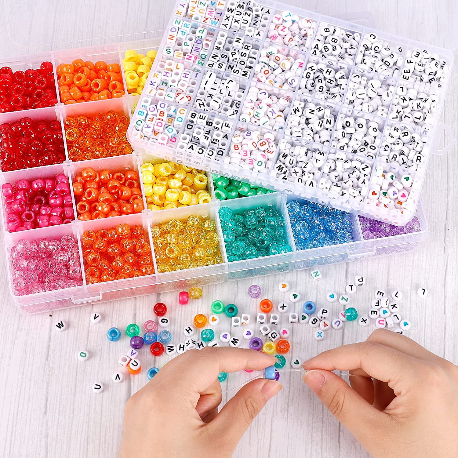 4000pcs Kandi Pony Beads Kit, Rainbow & Letter Beads with Elastic String