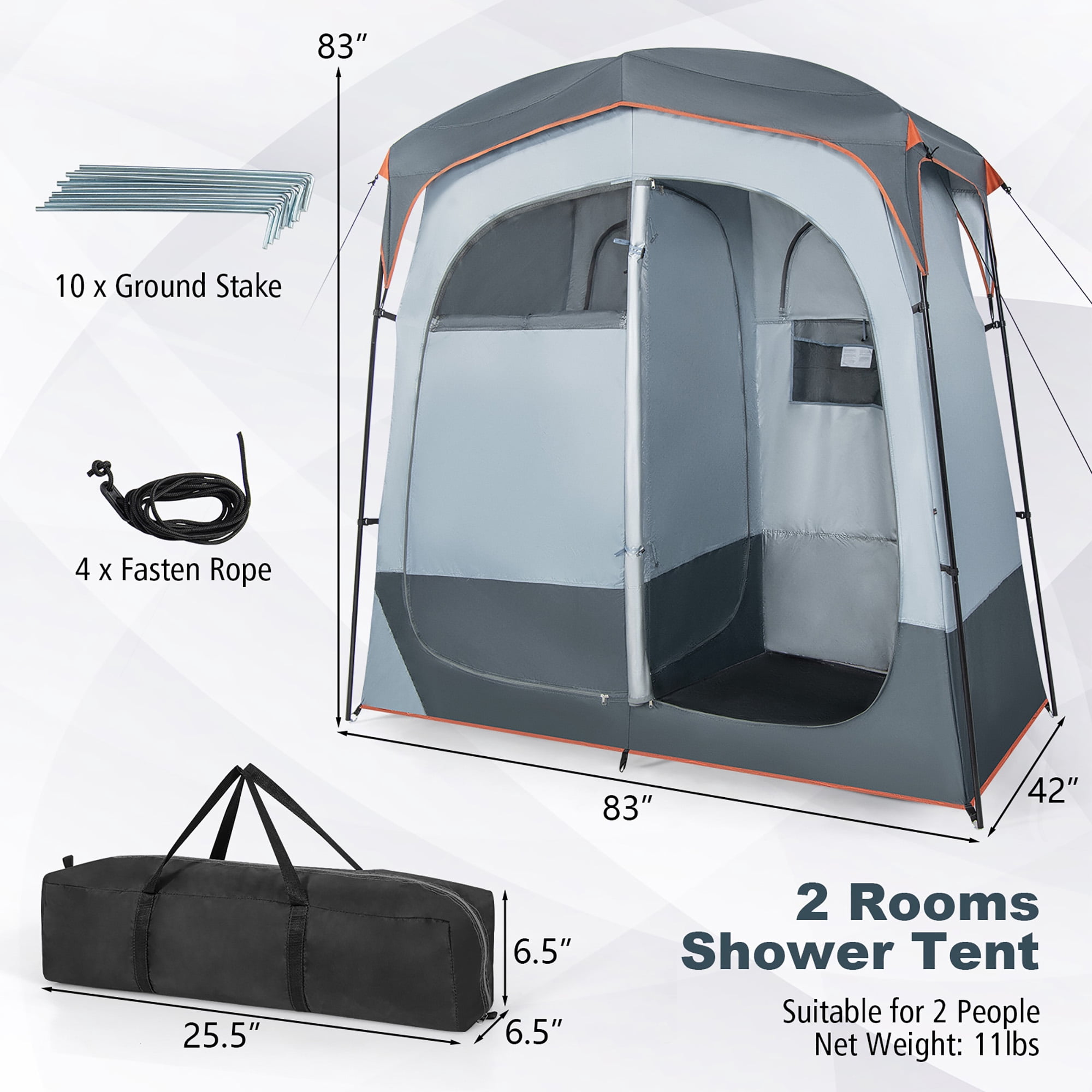 Costway 2 Room Shower Tent Oversize Privacy Shelter Portable Dressing Toilet Outdoor Gray