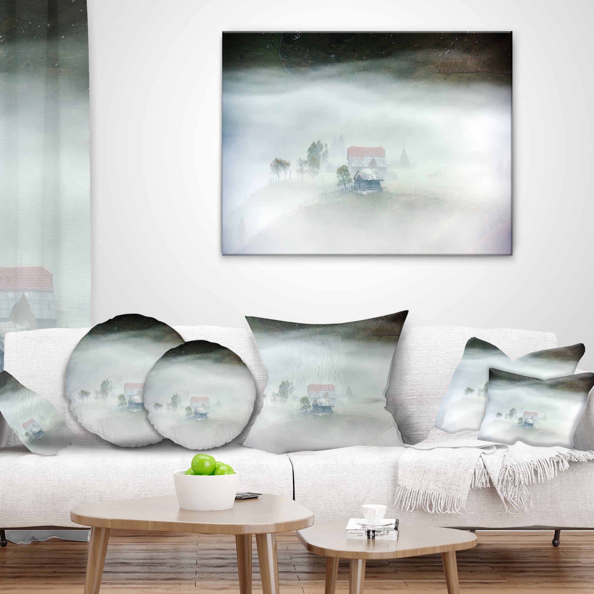Designart Morning Fog at Sunrise - Landscape Photo Throw Pillow - 16x16