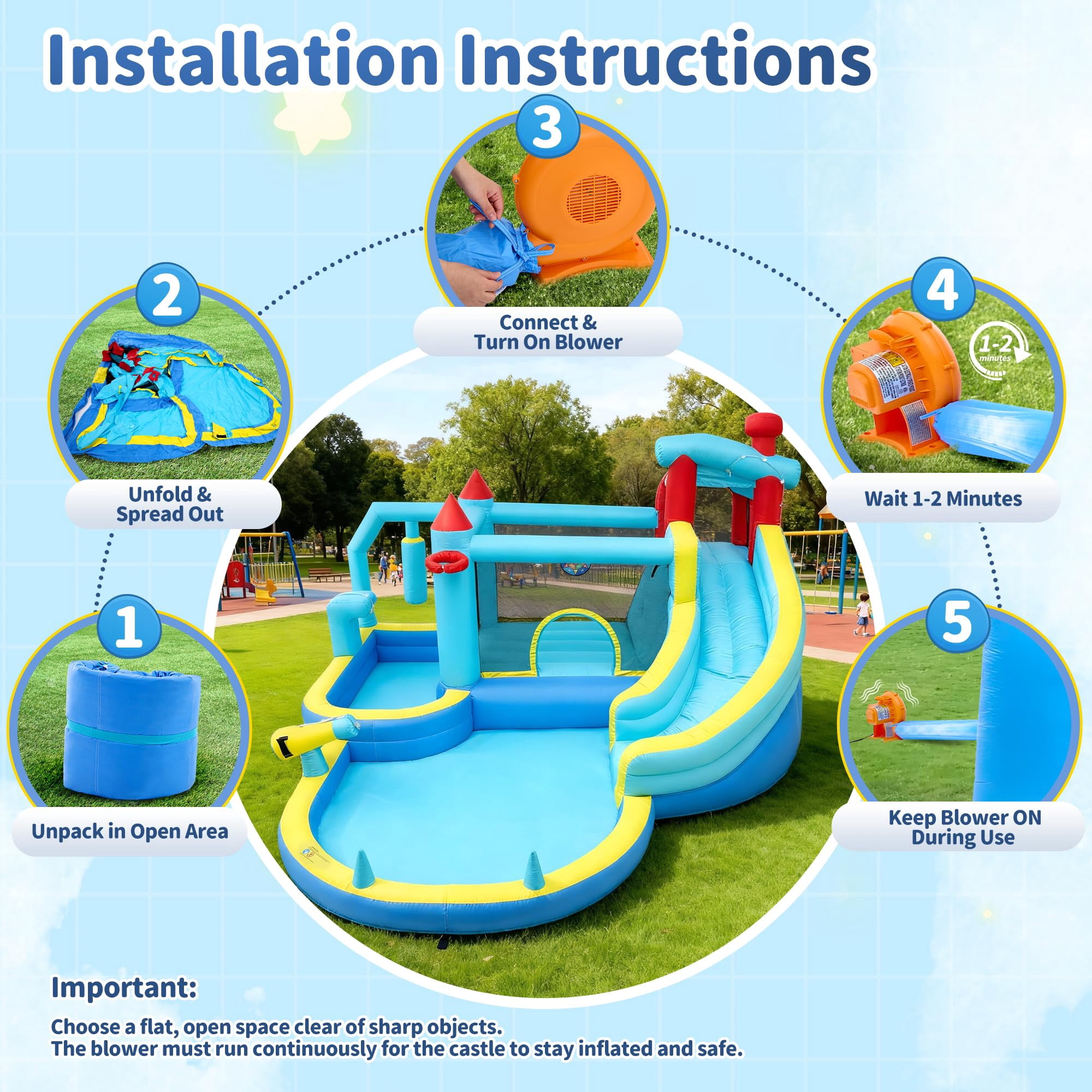 Inflatable Bounce House for Kids, Inflatable Water Slide with Blower, Climbing Wall, Jumping, Splash Pool, Basketball Hoop for Boys and Girls Indoor Outdoor Backyard