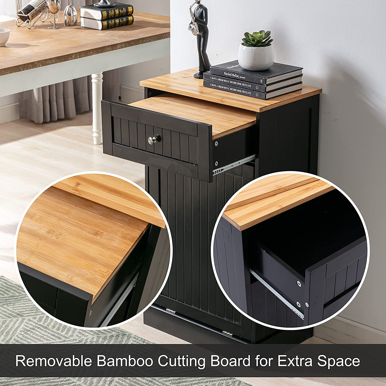 Yaoping Kitchen Trash Cabinet Tilt Out Free Standing Storage Can, Wood Garbage Recycling Station Hideaway Trash Holder Drawers(Black-1)